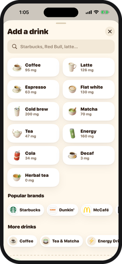 Add a drink screen with everyday drinks, popular brands and a search bar