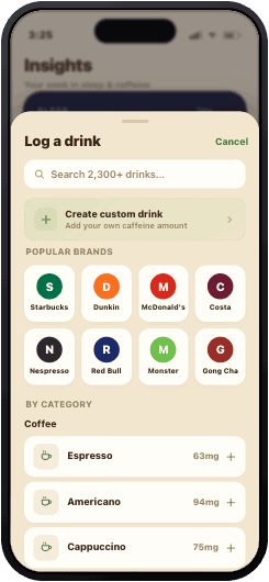 Log a drink screen with popular brands and a searchable database of 2,300+ drinks