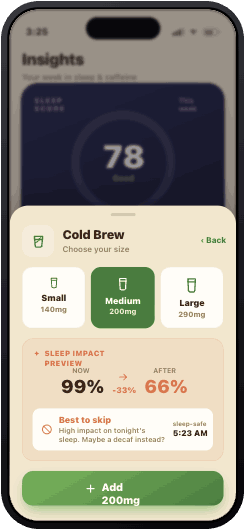 Sleep Impact Preview showing a drink will drop sleep quality from 99% to 66%