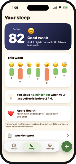 Sleep tab with a weekly sleep score of 82, a 7-night chart and a personal tip